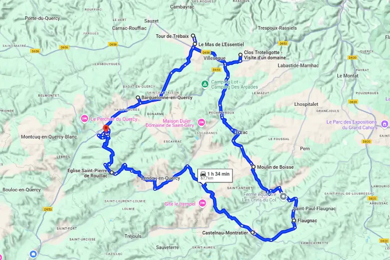 Carte d'un itinéraire de visite des plus beaux villages du Quercy Blanc dans le département du Lot.