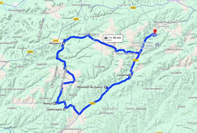 Carte d'un itinéraire de visite des plus beaux villages du Quercy Blanc dans le département de Tarn-et-Garonne.