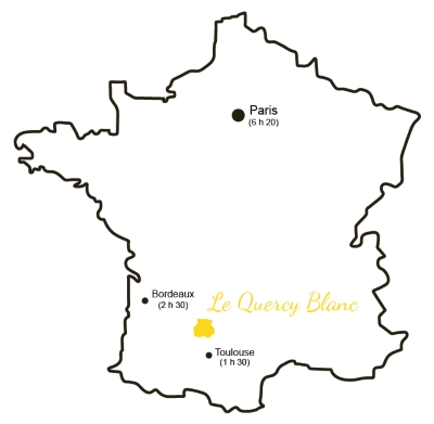 Carte de la France où l'on peut situer le Quercy Blanc, dans la partie sud-ouest, entre Toulouse et Bordeaux.