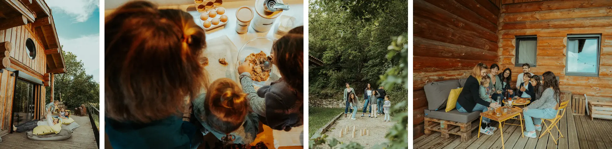 Des proches passant un week-end ensemble à partager de bons moments : cuisiner ensemble, jouer sur la terrasse, partager une repas... Ils se trouvent au gîte Le Perchoir du Quercy, maison en bois située dans le Quercy Blanc, à Montcuq. 